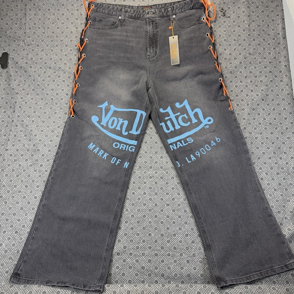 Men's Von Dutch The Reapers Baggy Embroidered Jeans Washed Black Denim Size 36 - Picture 2 of 16